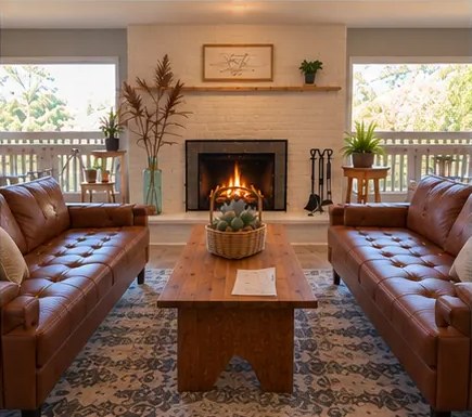 Lodge living room with fireplace